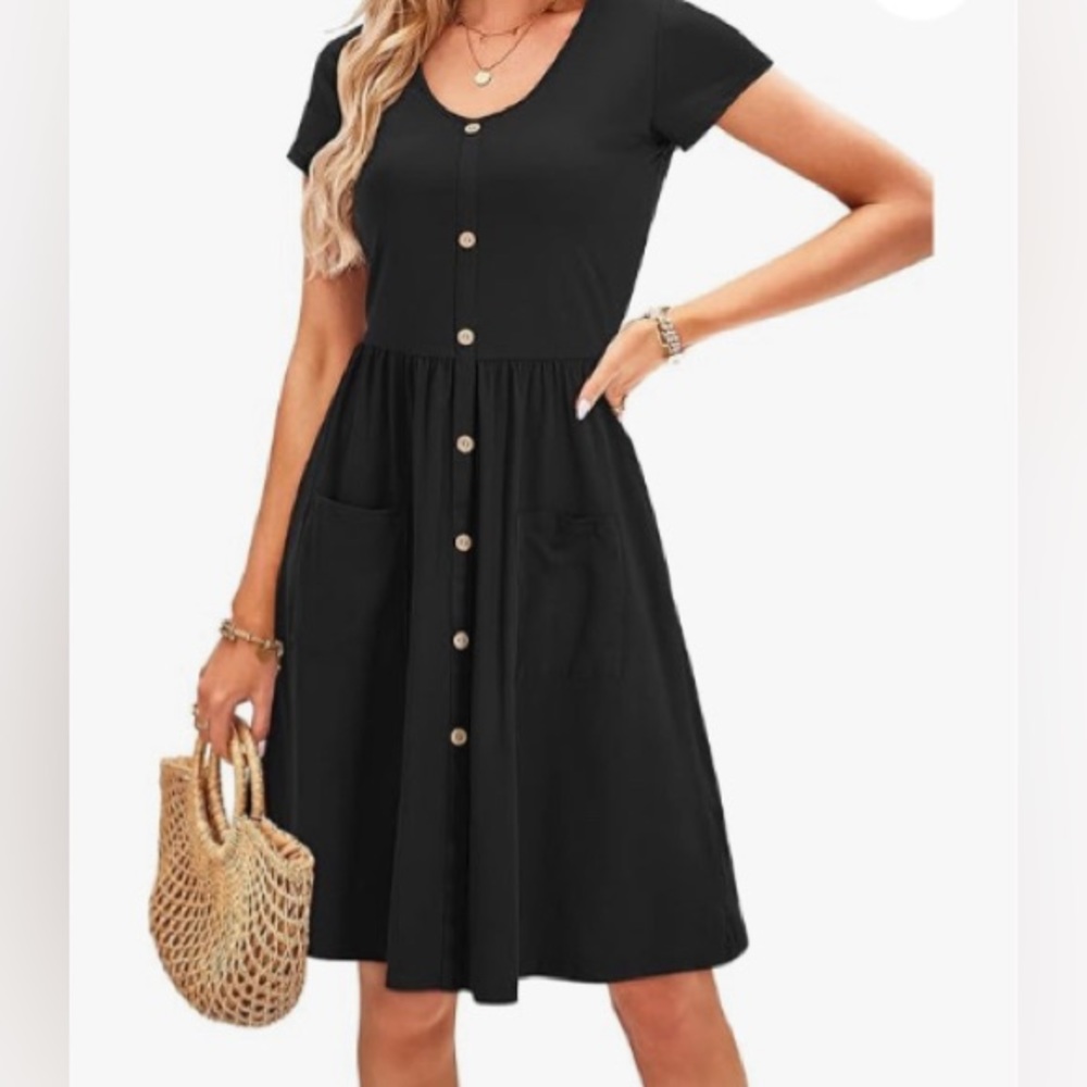 OUGES Women's Scoop Neck Button Down Skater Dress with Pockets Size Medium New